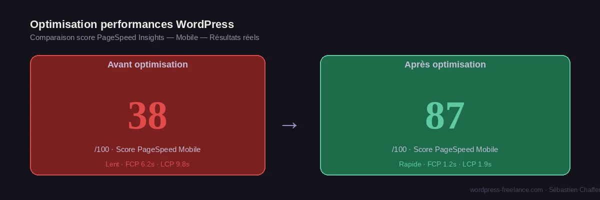 Comparaison des scores PageSpeed Insights avant et après optimisation WordPress : passage de 38 à 87 sur mobile
