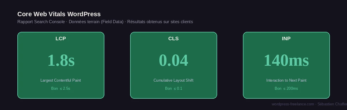 Rapport Core Web Vitals Search Console : LCP 1,8s · CLS 0,04 · INP 140ms — tous en vert sur données terrain (Field Data)