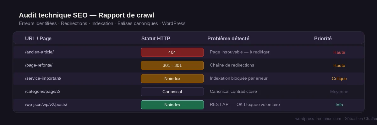 Exemple de rapport de crawl SEO technique WordPress : erreurs 404, chaînes de redirections 301 et pages en noindex identifiées