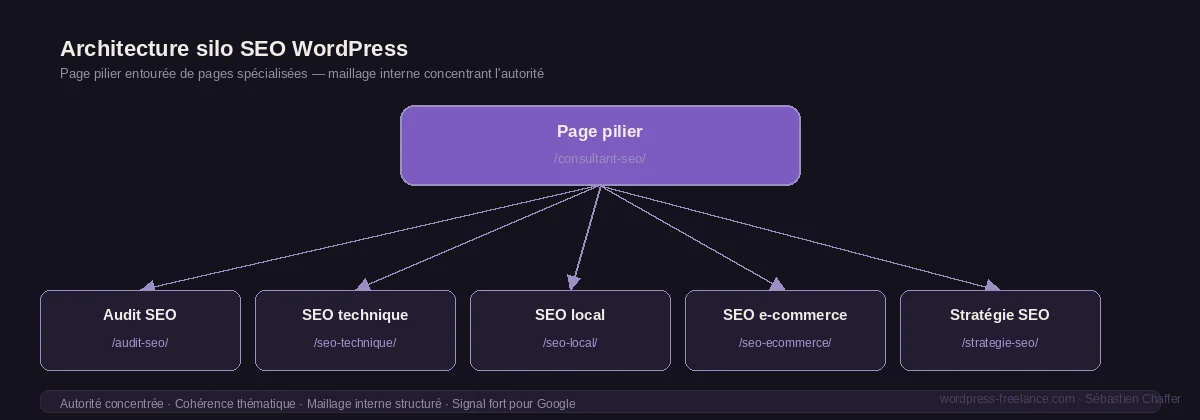 Architecture en silo SEO WordPress : page pilier /consultant-seo/ reliée aux pages spécialisées audit, technique, local et e-commerce