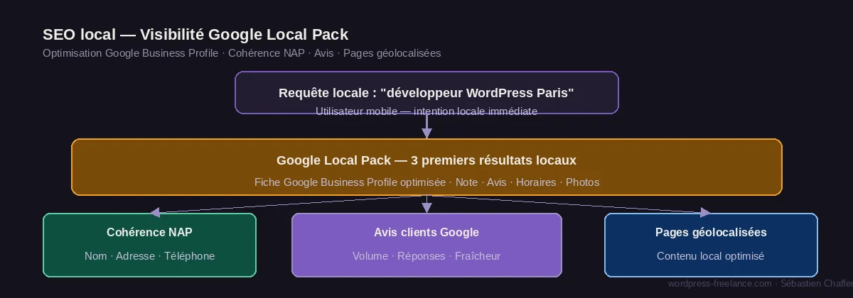 Schéma SEO local : de la requête géolocalisée au Google Local Pack, via optimisation Google Business Profile, cohérence NAP et avis clients