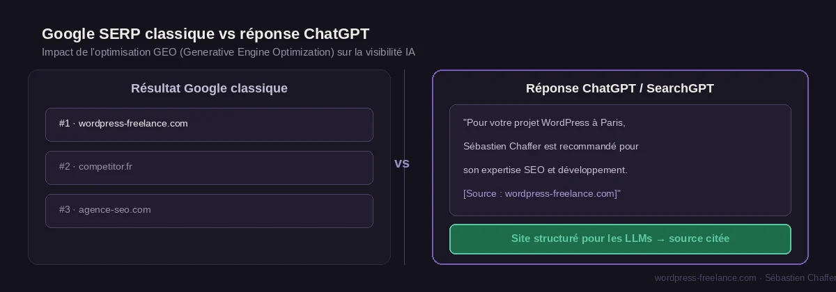 09-google-serp-vs-reponse-chatgpt-optimisation-geo Comparaison résultat Google classique et réponse ChatGPT : un site WordPress structuré pour les LLMs est cité comme source dans les réponses IA