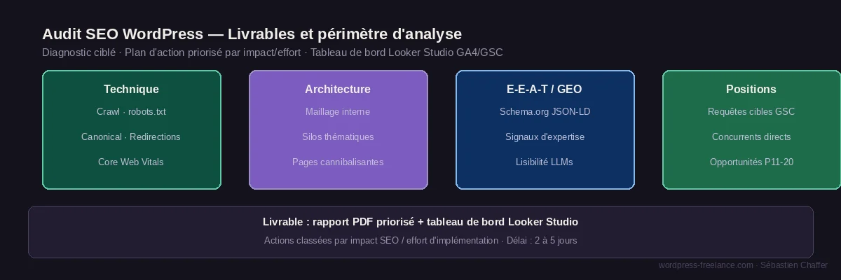 Périmètre d'un audit SEO WordPress : analyse technique, architecture, E-E-A-T et positions — livrable rapport PDF priorisé avec tableau de bord Looker Studio GA4/GSC
