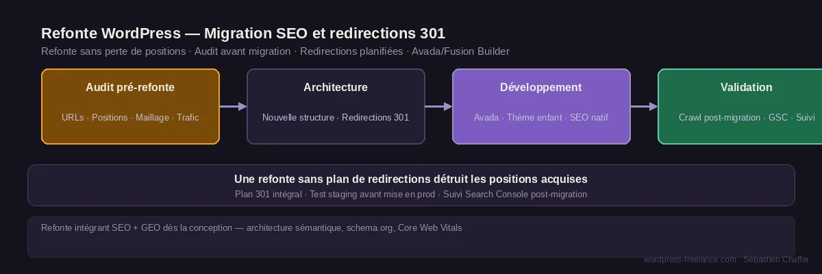 Processus de refonte WordPress avec préservation SEO : audit pré-refonte, plan de redirections 301, développement Avada et validation post-migration Search Console