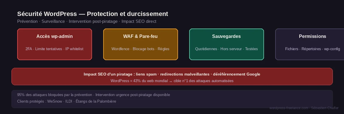 Mesures de sécurité WordPress : authentification 2FA, pare-feu WAF, sauvegardes hors serveur et permissions fichiers — impact SEO direct d'un site piraté sur Google