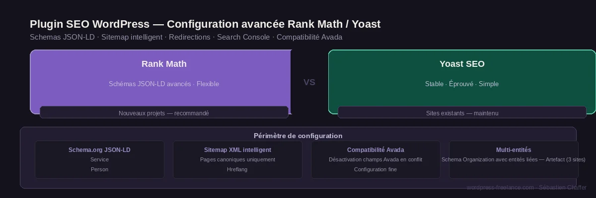Comparaison et configuration avancée des plugins SEO WordPress Rank Math et Yoast : schemas JSON-LD, sitemap, compatibilité Avada et gestion multi-entités