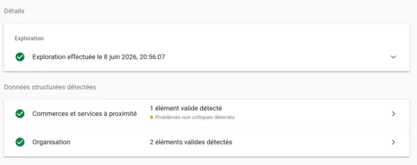 Outil de test des résultats enrichis Google : exploration du 8 juin 2026, Commerces et services à proximité 1 élément valide, Organisation 2 éléments valides Réglages SEO local Rank Math : téléphone +33609753655 en service clients, échelle de prix, Additional Info avec Founding Date Tax ID et VAT ID, coordonnées géographiques GPS